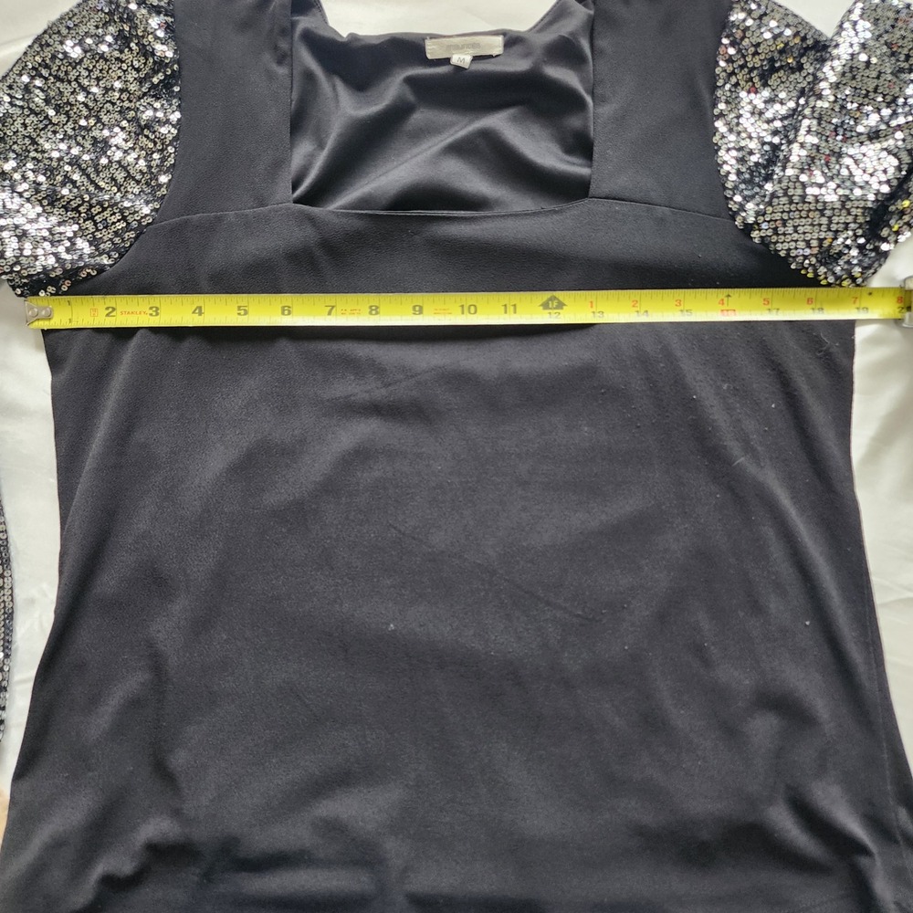 Maurices Womens Black Sequin Balloon Sleeve Blouse Top Silver M Party Holiday - Picture 10 of 10